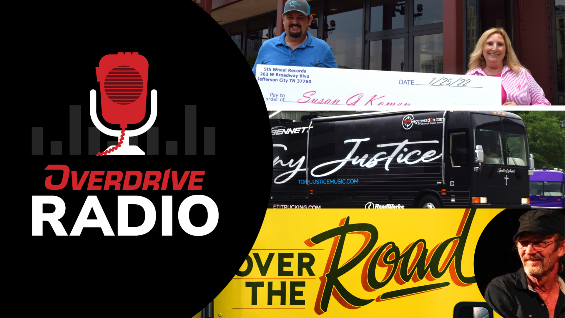 overdrive radio logo with tony justice collage