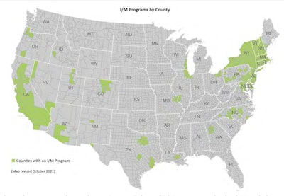 This map shows areas throughout the country where an inspection and maintenance program for registered vehicles, whether basic or more in-depth, is in place -- some states are required to have these programs by the Clean Air Act, others not so. As noted in the caption for this graph in this report at EPA's website, 'although not required, some states have included light-duty diesel vehicles as part of I/M programs, while others are beginning to conduct I/M for heavy-duty diesel vehicles as well.'