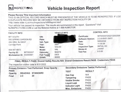 New Jersey Vehicle Inspection Report