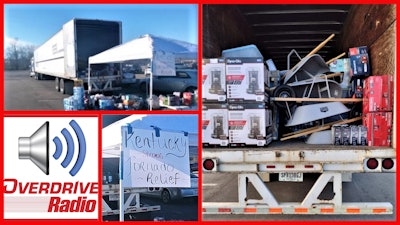 overdrive radio logo with semi-truck trailer filled with supplies for kentucky tornado relief efforts