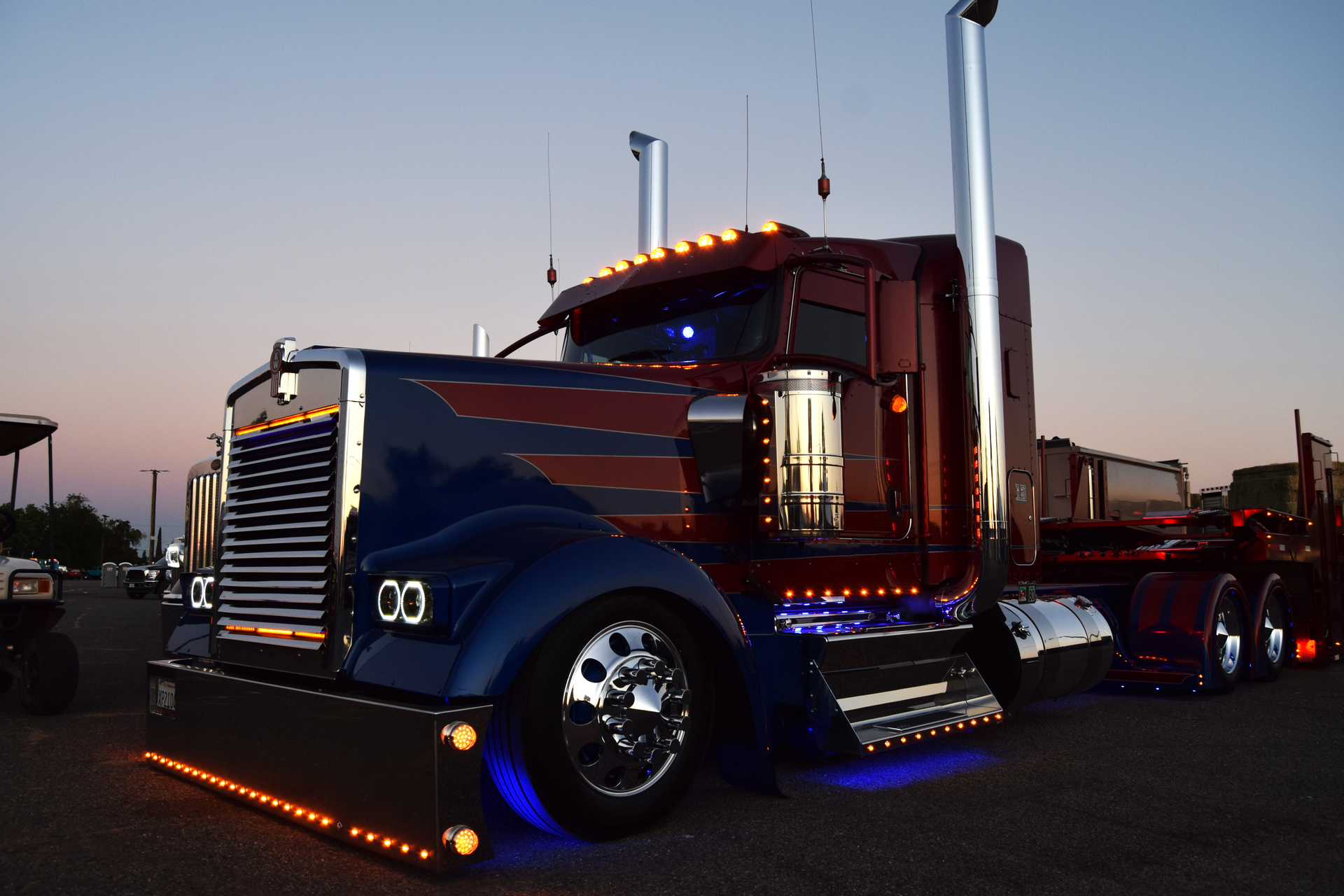 Soza's Kenworth, lit up at night