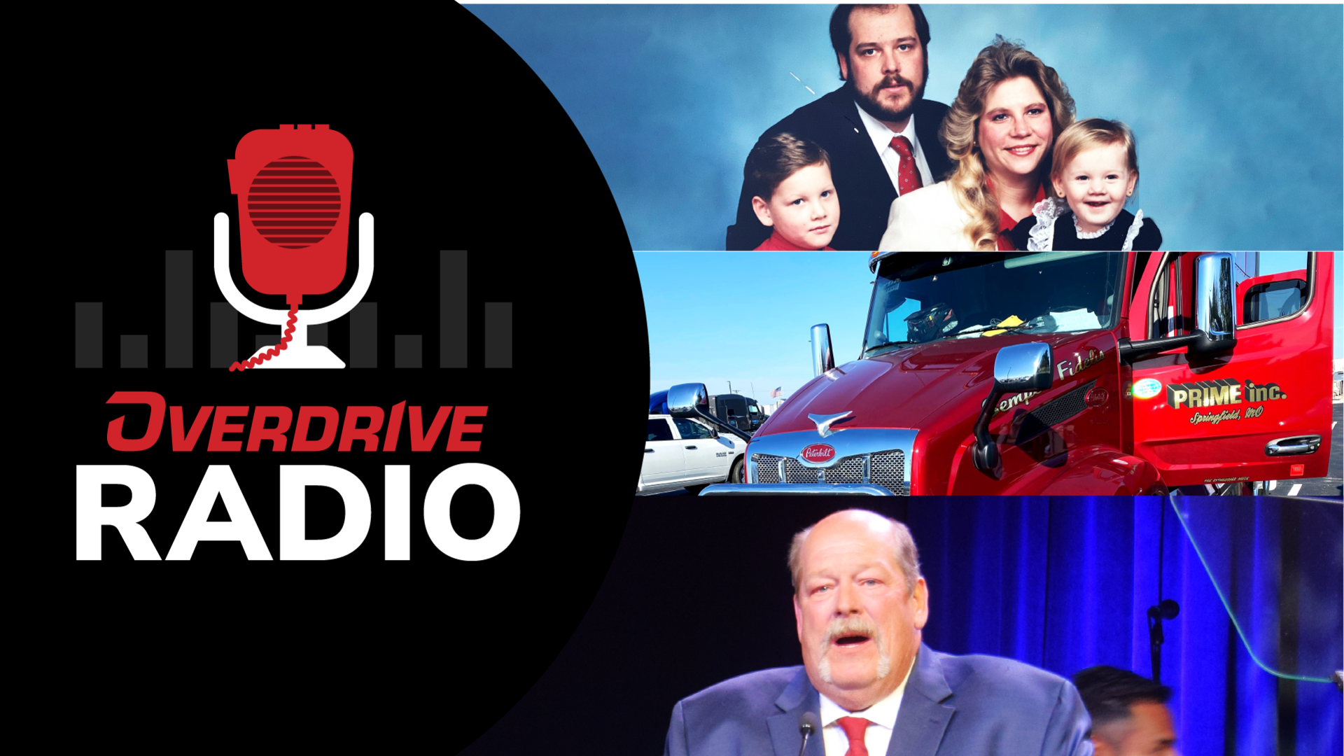 overdrive radio logo with glen horack, his wife and children, and his semi-truck