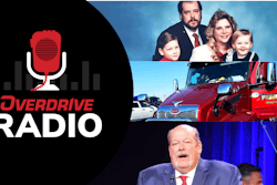 overdrive radio logo with glen horack, his wife and children, and his semi-truck