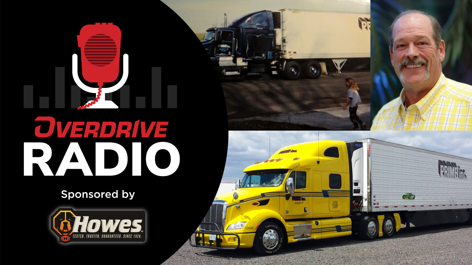 overdrive radio logo sponsored by howes with images of two semi-trucks and glen horack