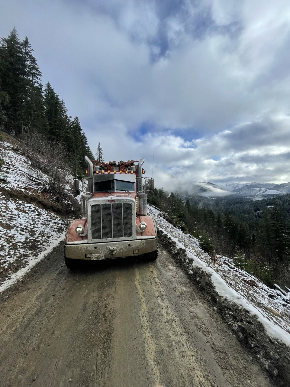 peterbilt log hauler on dirt road