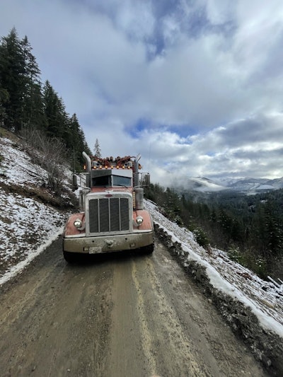 peterbilt log hauler on dirt road
