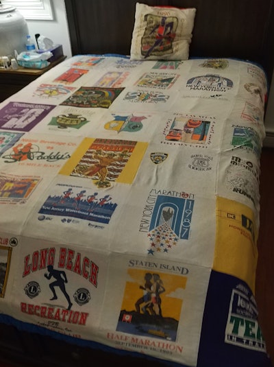 Quilt made in part out of marathon race shirts