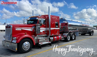 The 2020 Kenworth W900L of John L. Hruska with Happy Thanksgiving message
