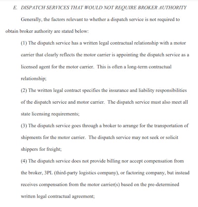 Shown are the first four factors among the nine FMCSA specifies in its guidance for dispatch services that don't require broker authority. All nine, and the six that would necessitate broker authority, can be found in the docket in section IV, parts E and F.