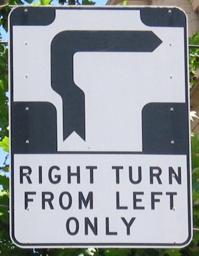 Right turn only from left -- Australian road sign