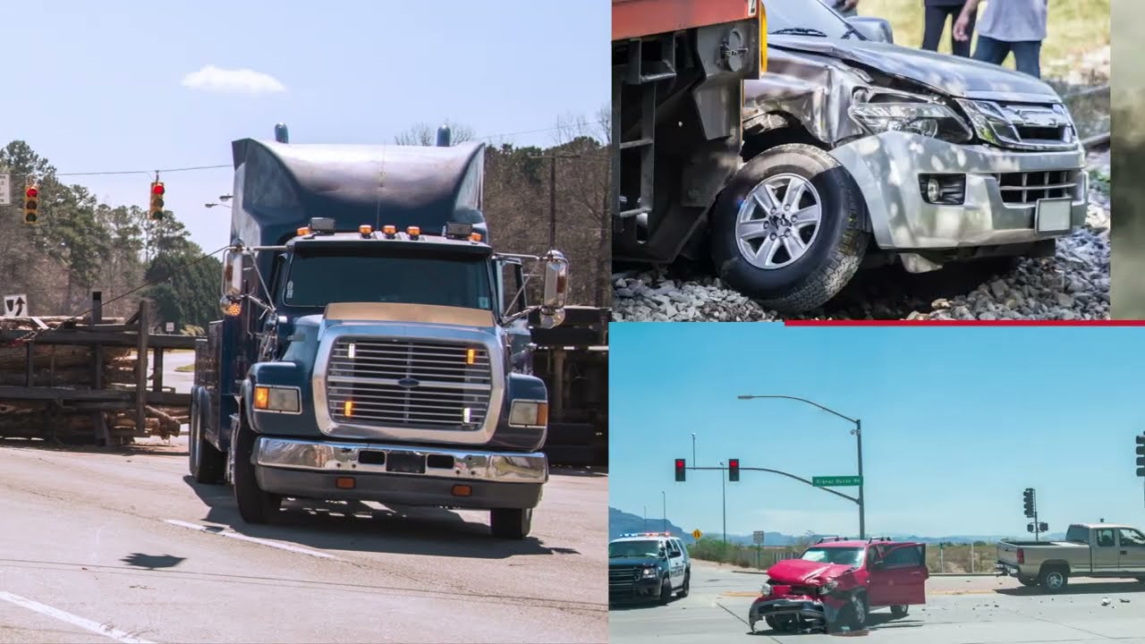 Three images of semi-truck crashes