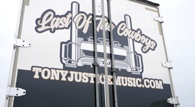 Trailer doors of John Highley's 2018 Kenworth W900L and 2016 Great Dane