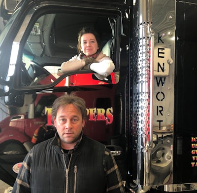 Zandara Kennedy and fellow stunt driver Jeff Sanca on the set of 'Ice Road,' where she jack knifed a Kenworth on a frozen lake.