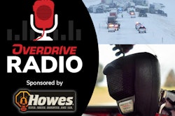 youtube thumbnail with overdrive radio logo sponsored by howes with a major car pile up in winter weather and a CB mic