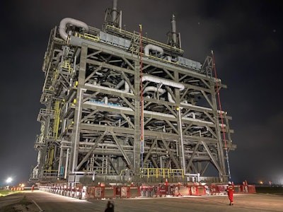 250' tall, 190' long and 150' wide. These on-shore furnaces are 'some of the biggest things to be moved this far' on land, said Mammoet's team lead on this five-mile move from the coast inland to a pastics facility in Texas.