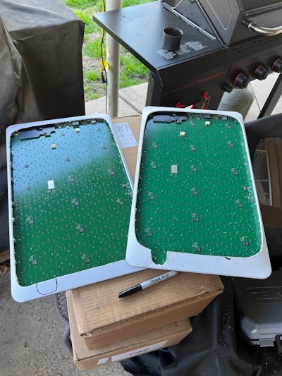 Shown here are two Starlink Dishy units with their backs open and motors removed, ready to be flat mounted to the truck.  The installer in Bailey's video has apparently done dozens of jobs like this.