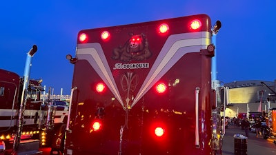 Rear view of Tom Menges' 1986 Mack Super-Liner at night