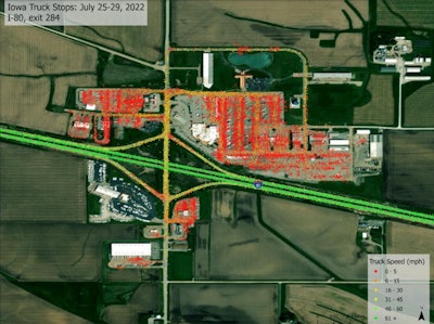 Even at the world's largest truck stop, spaces fill up fast, forcing trucks to park on side roads and exit ramps, where some of the most deadly and costly rear-end collisions are likely to happen. This graphic from ATRI shows where trucks stop (in red) outside of Iowa 80.