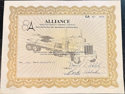 Alliance Tractor-Trailer Training Centers certificate