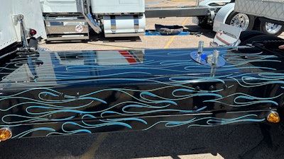 Flames on frame of Jake Bast's 2001 Peterbilt 379