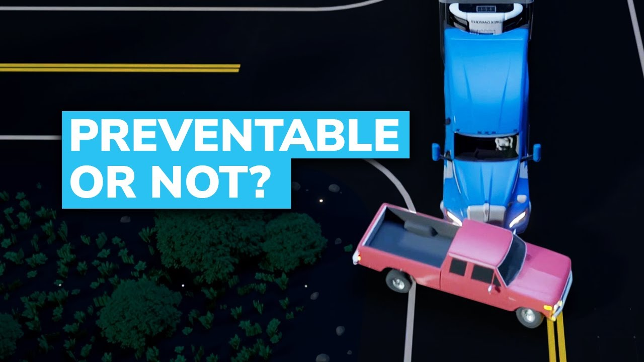 Preventable or not video thumbnail with a semi-truck hitting a pickup truck