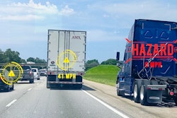 AEB illustration of highway scene with stationary bobtail in breakdown lane