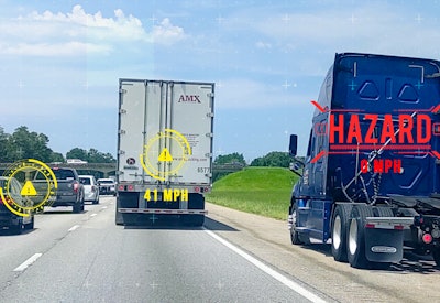 AEB illustration of highway scene with stationary bobtail in breakdown lane