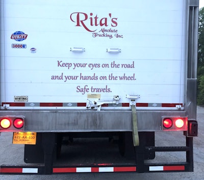 Safety message on the back of one of the Wilsons' reefer trailers
