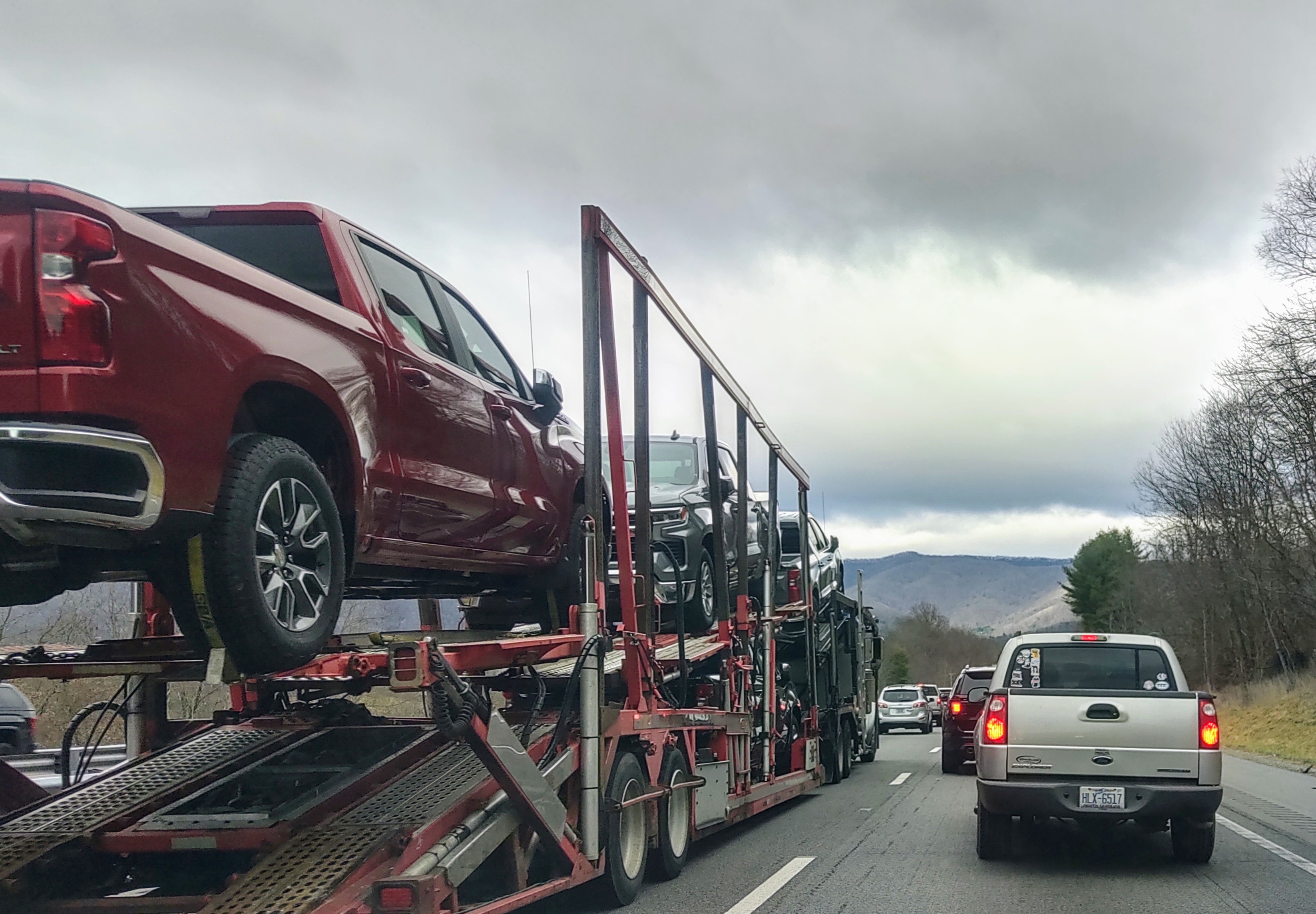 Car Hauler On Highway In Traffic
