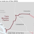 Map shows the Trans Mountain pipeline, which already connects to the Pacific, but the expansion, which is 95% done, will almost triple output from 300,000 barrels per day to 890,000.
