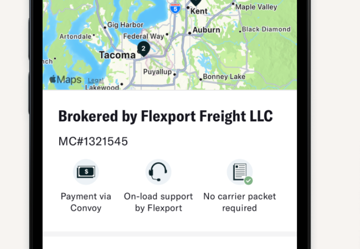 Screengrab from Flexport's new Convoy.com site showing Flexport Freight load in app
