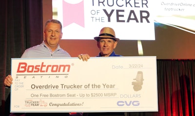 Rick Gragg, senior national account manager with Overdrive parent company Fusable, presented Hosty with a check worth a free Bostrom seat Friday at MATS.