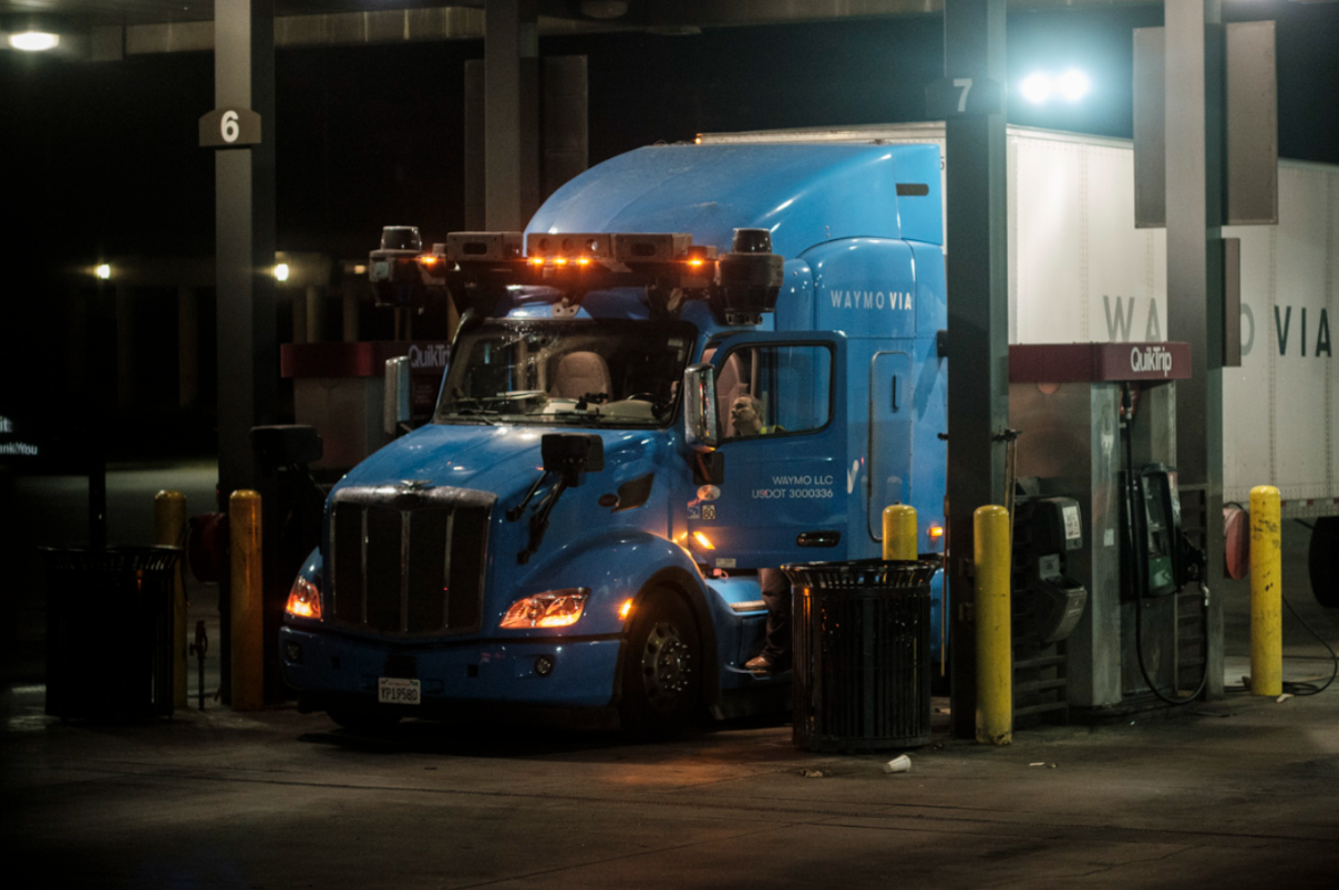 A Waymo Via autonomous truck gets serviced by a safety driver at a QuikTrip truck stop just south of Dallas, Texas, on Sunday, June 26, 2022. Autonomous trucks are targeting long haul and line haul trucking markets. Estimates have stated that these machines will be able to lower current operating costs between 30 to 45 percent and more than double a truck&rsquo;s utilization rate.