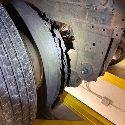 truck tire blown, inside dual of the pair