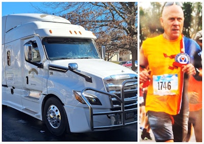 Francis Junto running road race and the Freightliner he pulls in today