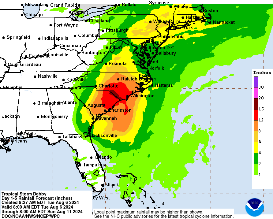 Tropical Storm Debby rainfall projection