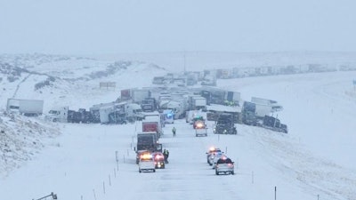 The aftermath of a fatal pile-up that closed I-80 in Wyoming for hours during the 2023 'Winter from Hell.'