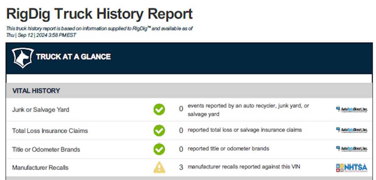 Example RigDig Truck History Report featuring recall information ...