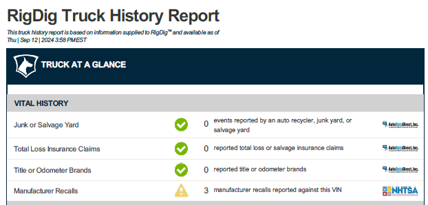RigDig Truck History Report 'Vital History' Section