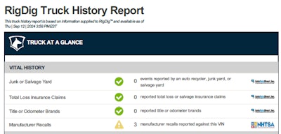 RigDig Truck History Report 'Vital History' Section