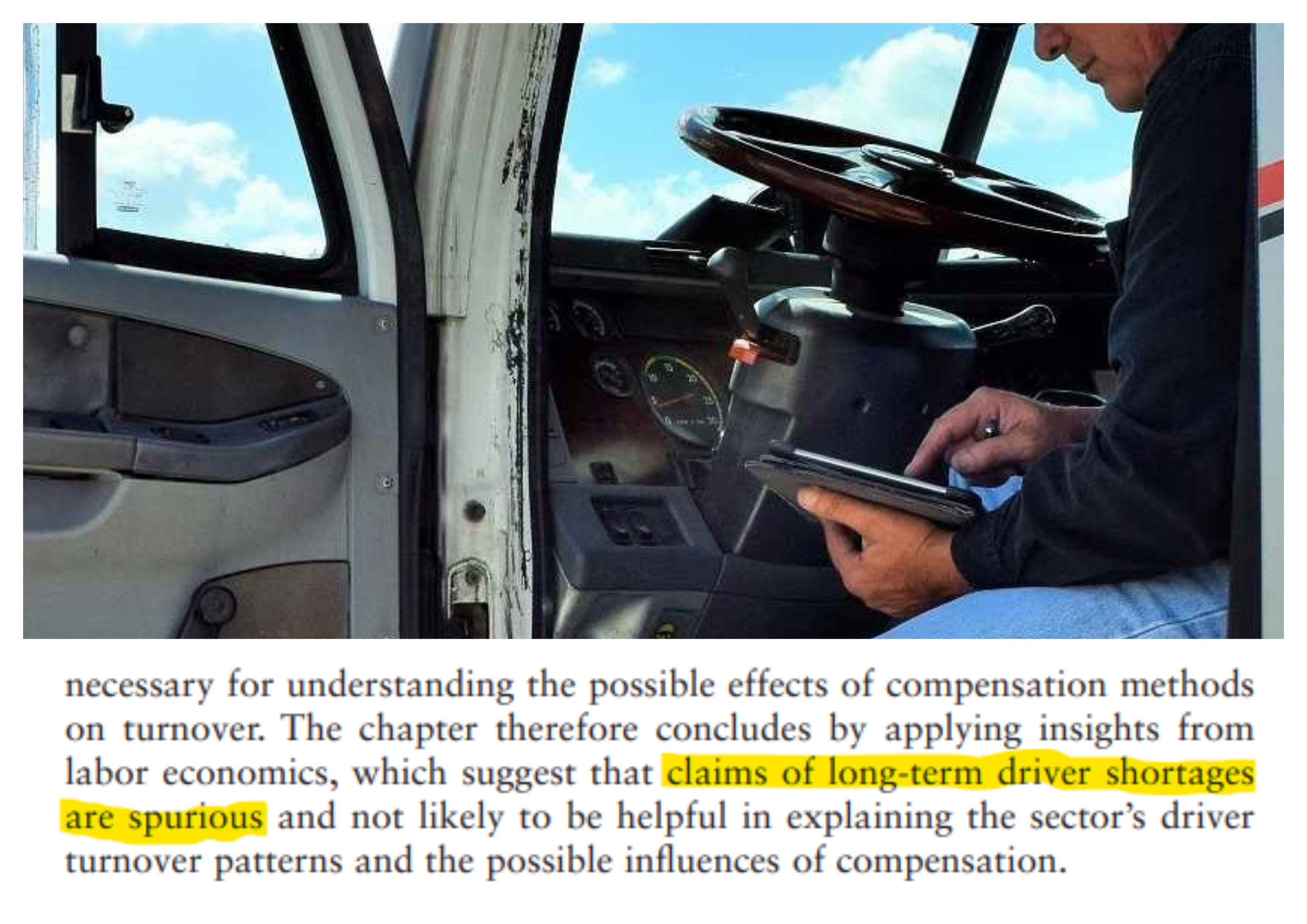Driver exiting cab with National Academies compensation study quote