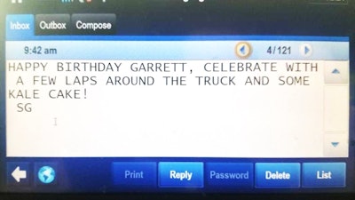 Message saying 'HAPPY BIRTHDAY GARRETT, CELEBRATE WITH A FEW LAPS AROUND THE TRUCK AND SOME KALE CAKE!'