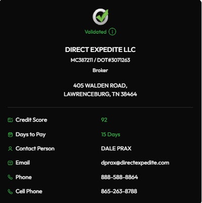 Here's what an owner-operator might see upon vetting Direct Expedite, Prax's own brokerage. Note the credit score and payment terms figures.
