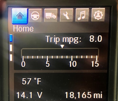 2025 Cascadia digital readout showing 8 mpg fuel mileage