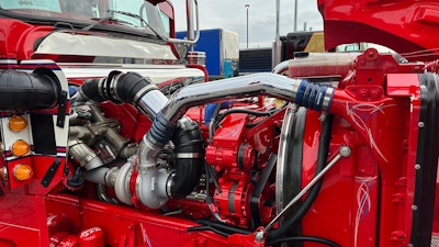 Engine compartment of AN Transport's 2008 Kenworth W900L