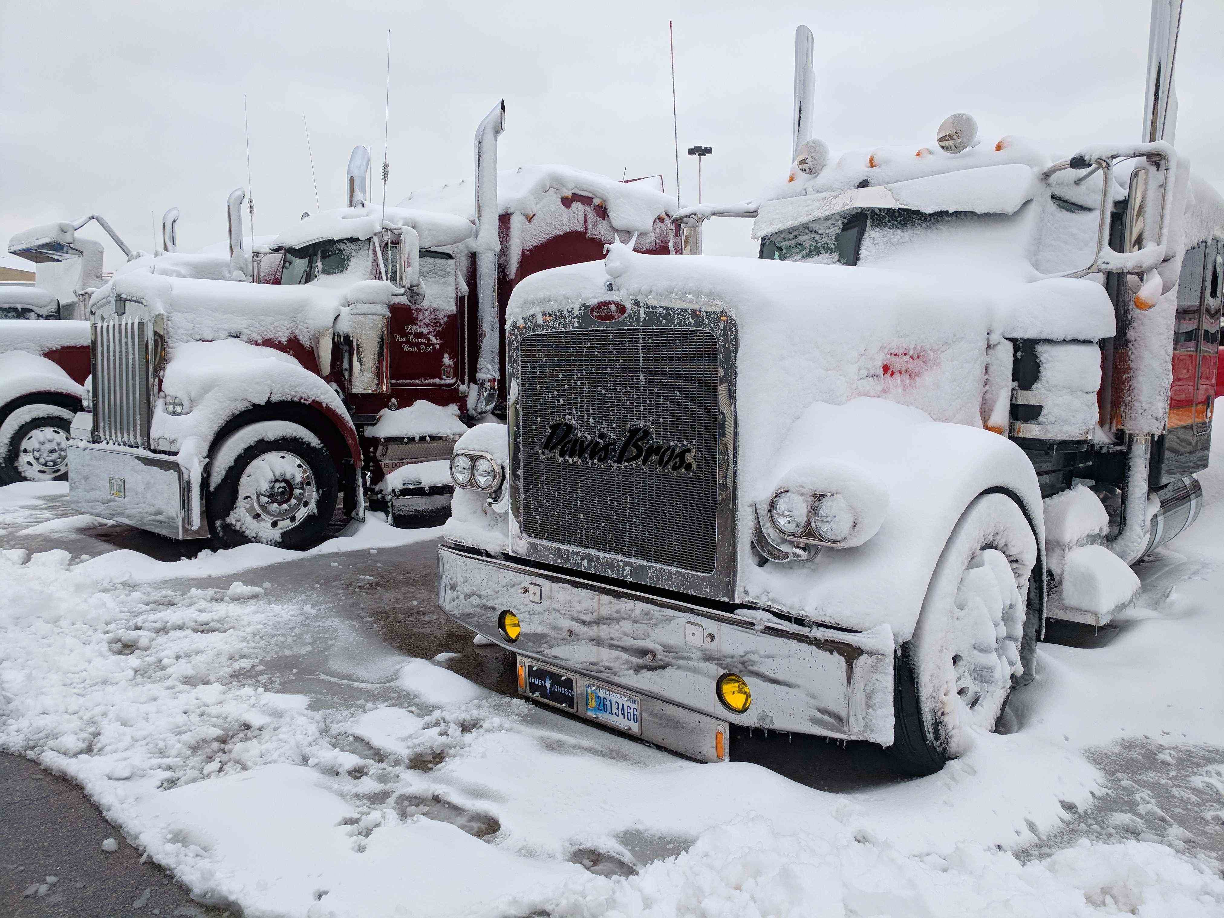snow-covered semi trucks
