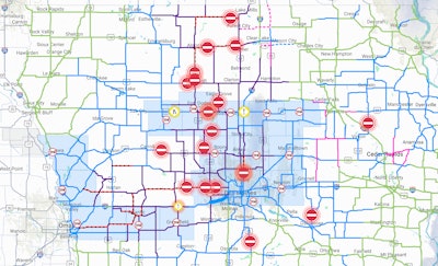 A screenshot from 2:30 p.m. local time showing Iowa's 511 website with multiple major thruways blocked in wake of the winter storm.
