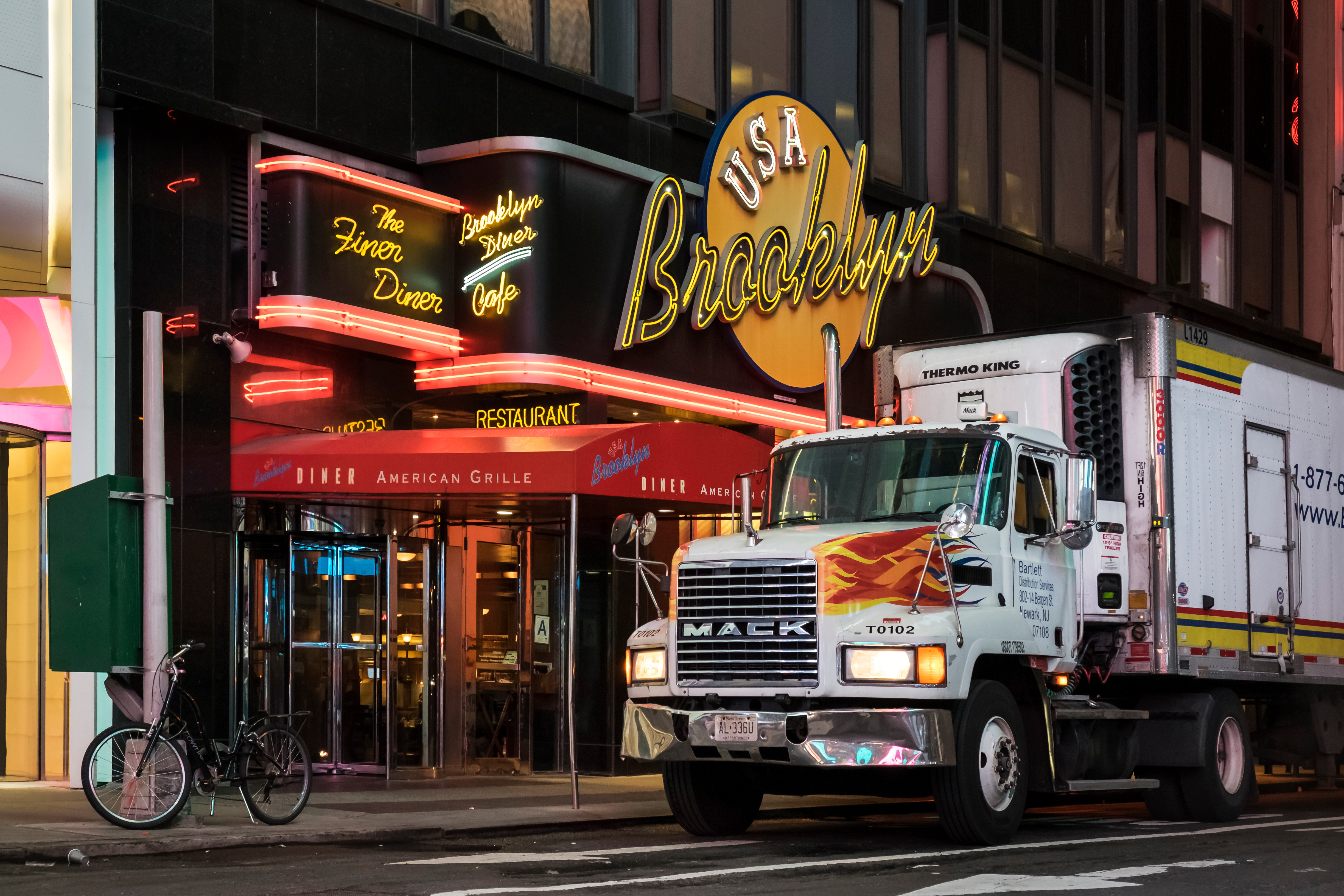Semi truck in front of Brooklyn Diner NYC
