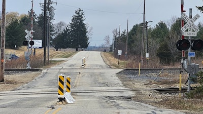 Divided rail crossing, problematic for oversize haulers