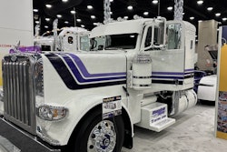 One of the 2025 Shell Rotella SuperRigs calendar trucks -- Hoewing Trucking's 'Purple Grain' 2023 Peterbilt 389 driven by Kevin Benson -- was on display at the Mid-America Trucking Show to promote the 2025 SuperRigs competition.